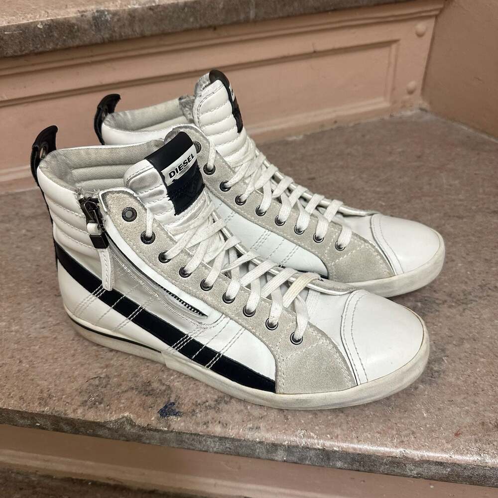Y2K vintage Diesel D-String Plus High-Top Sneakers leather Side Zip Mens 9.5